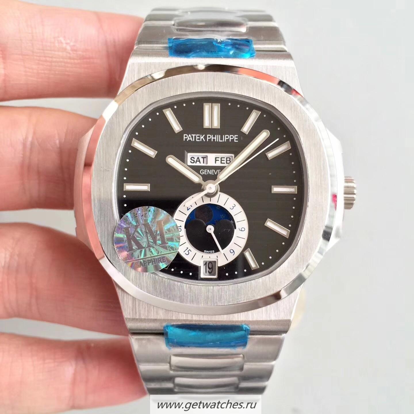Replica Pat*k Phi1i*pe Nautilus Annual Calendar Moonphase 5726/1A-001 KMF V2 SS Black Dial 324 S QA LU 24H/303